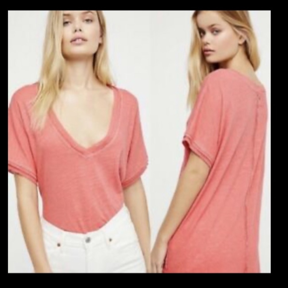 HM H&M STRETCH RED PINK OVERSIZED BOHO TOP V NECK TOP SHORT SLEEVE T-SHIRT TOP S
